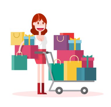 Beyaz Arkaplanda Düz Kız Alışveriş. İzole edilmiş Düz Vektör İllüstrasyonu