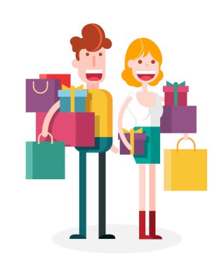 Beyaz Arkaplanda Çift Alışverişi. İzole edilmiş Düz Vektör İllüstrasyonu