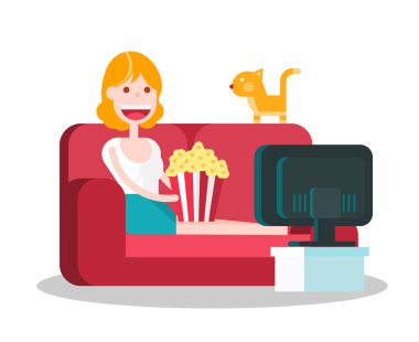 Kanepede patlamış mısırla televizyon izleyen kız. İzole edilmiş Düz Vektör İllüstrasyonu