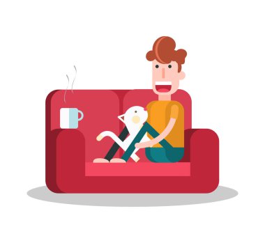 Kanepede Kedi Okşan Çocuk. İzole edilmiş Düz Vektör İllüstrasyonu.