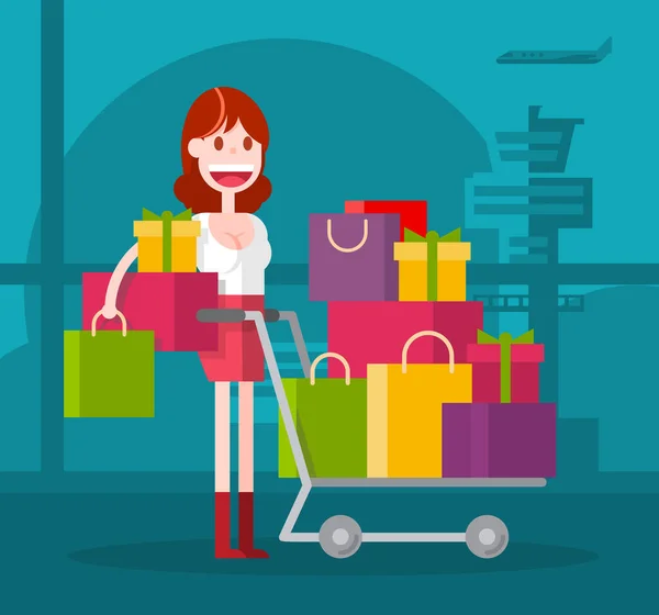 Flat Girl Compras Aeropuerto Ilustración Plana Aislada Del Vector — Vector de stock