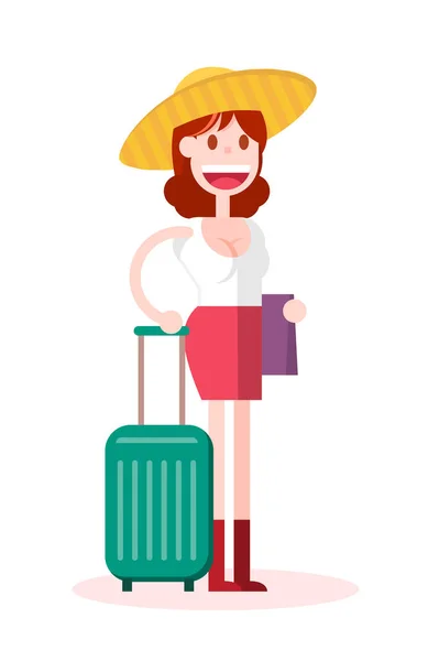Flat Woman Waiting Travel White Background Isolated Flat Vector Illustration — Stock Vector
