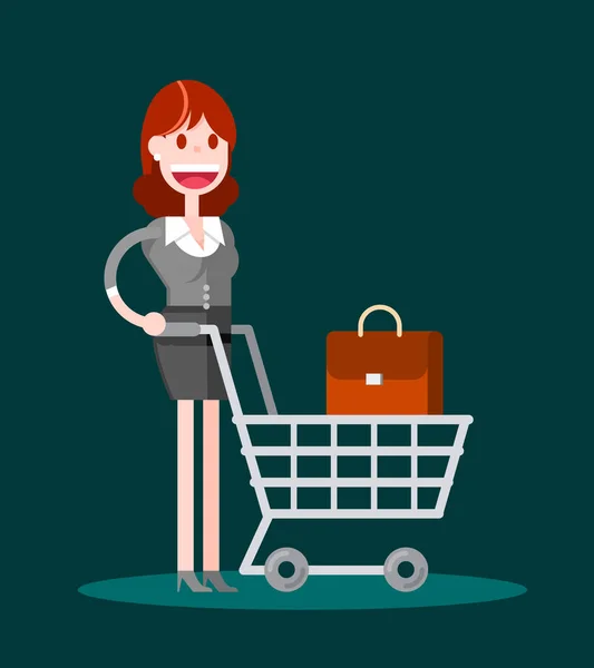 Flat Businesswoman Compras Sobre Fondo Oscuro Ilustración Plana Aislada Del — Vector de stock