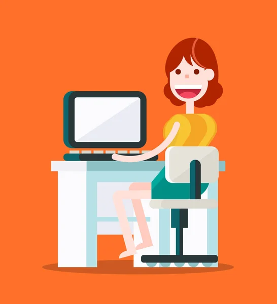 一个拿着手提电脑在办公室工作的年轻姑娘 橙色背景的孤立平面矢量图解 — 图库矢量图片