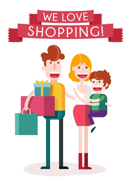 Family Loves Shopping Together White Background Inglés Ilustración Plana Aislada — Vector de stock