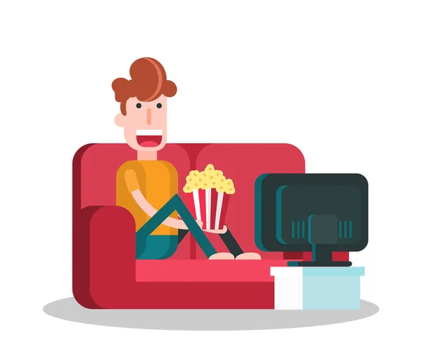 Boy Regarder Télé Avec Pop Corn Sur Canapé Illustration Vectorielle — Image vectorielle