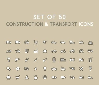 50 adet Solid İnşaat ve Ulaşım Simgesi. İzole Vektör Elementleri