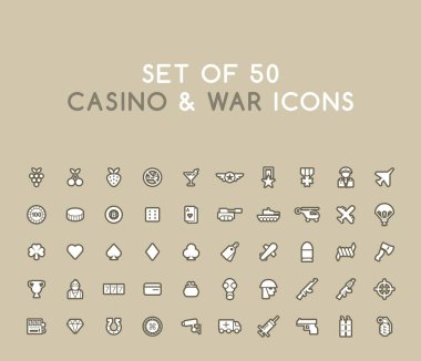 50 Solid Casino ve Savaş Simgeleri seti. İzole Vektör Elementleri