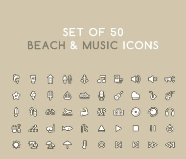 50 Solid Beach ve Music Icons seti. İzole Vektör Elementleri