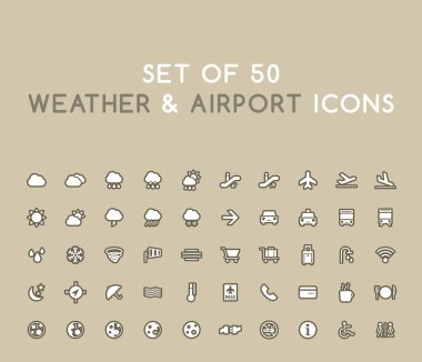 50 adet Solid Weather and Airport Icons seti. İzole Vektör Elementleri