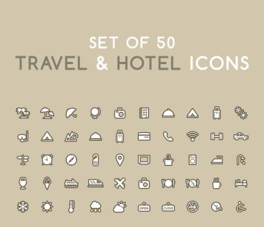 50 adet Solid Travel and Hotel Icons seti. İzole Vektör Elementleri