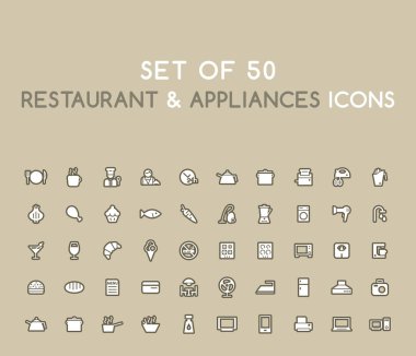 50 Katı Restoran ve Teçhizat Simgesi seti. İzole Vektör Elementleri