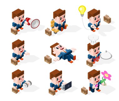 Üç boyutlu Isometric çizgi film iş adamları beyaz arka planda faaliyet gösteriyor. İzole Vektör Elementleri