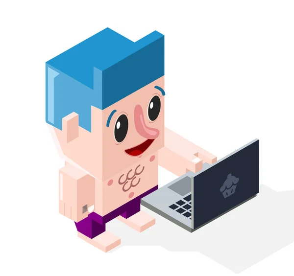 Velmi Šťastný Cartoon Boy Počítačem Bílém Pozadí Obchodní Koncepce Izolované — Stockový vektor