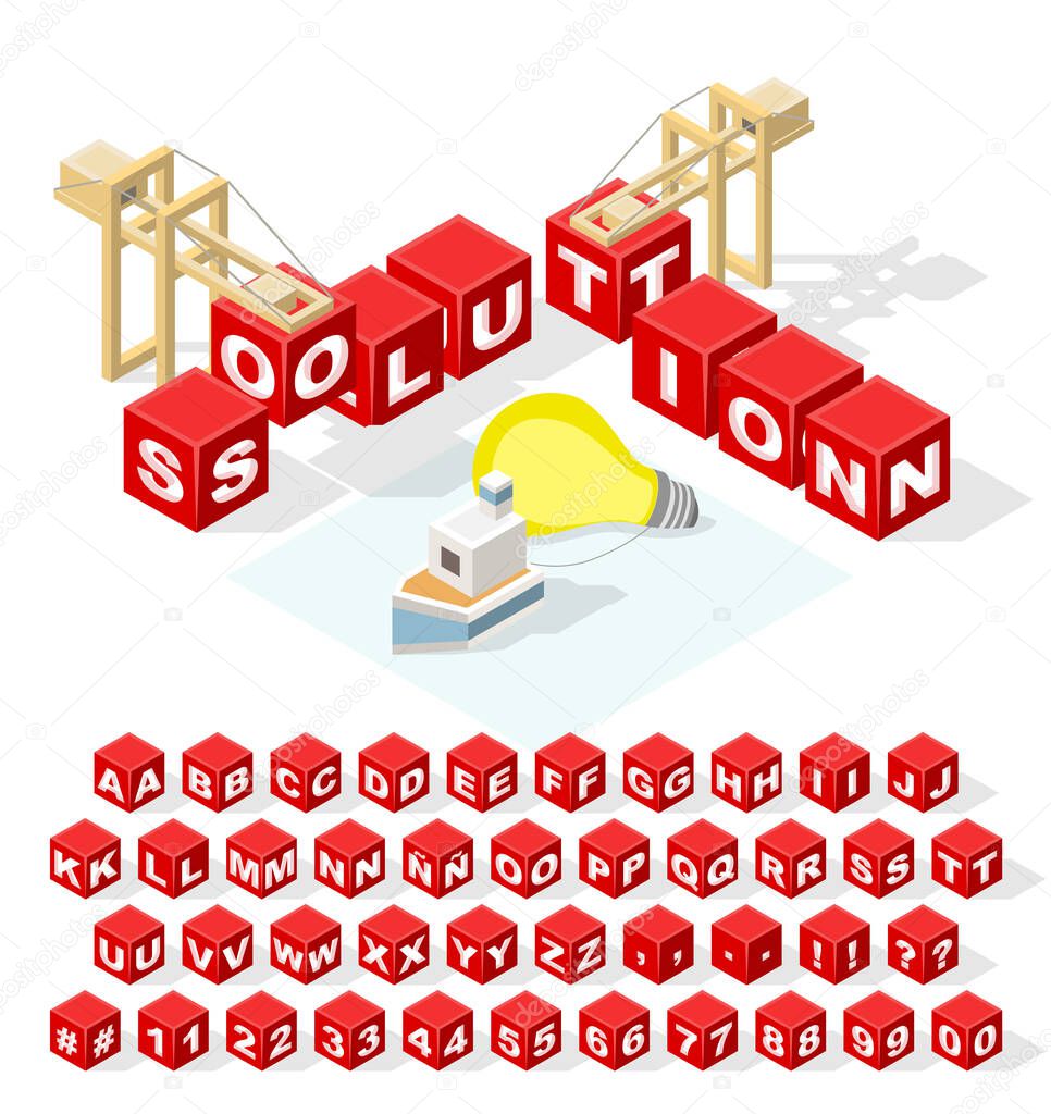 Set of Isometric Latin Alphabet Letters with Numbers and Isolated Creative Red Block Word 