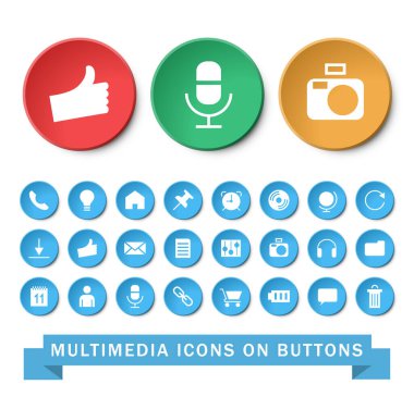 Beyaz Arkaplanda Dairesel Düğmeler Üzerinde Evrensel Çokluortam Simgeleri... izole Ögeler.