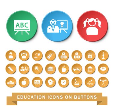 24 Evrensel Eğitim Simgesi Beyaz Arkaplanda Dairesel Düğmeler Üzerinde. İzole Elementler.