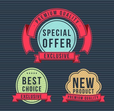 Düz Modern Yüksek Kaliteli Etiketler, Kurdeleli Katı Arka plan. Vektör İzole Resimleri.