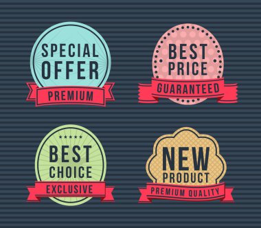 Düz Modern Yüksek Kaliteli Etiketler, Kurdeleli Katı Arka plan. Vektör İzole Resimleri.