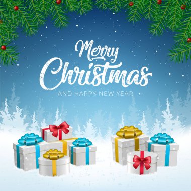 3D Yüksek Kaliteli Mutlu Noeller ve Düşen Kar ve Hediyelerle Mutlu Yıllar. İzole Vektör Elementleri