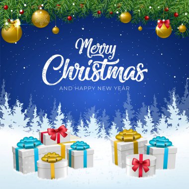 3D Yüksek Kaliteli Mutlu Noeller ve Düşen Kar ve Hediyelerle Mutlu Yıllar. İzole Vektör Elementleri