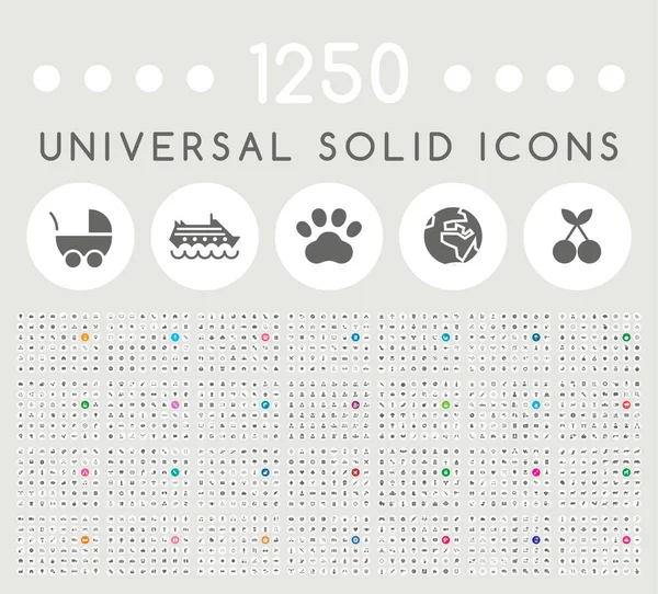 Set 1250 Icone Solide Minimaliste Nere Universali Eleganti Pulsanti Colorati — Vettoriale Stock
