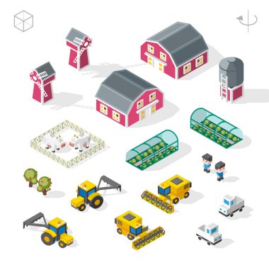 Kahverengi Arkaplanda Isometric Yüksek Kalite Şehir Elementi. Çiftlik