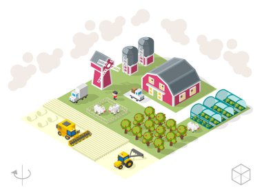 Kahverengi Arkaplanda Isometric Yüksek Kalite Şehir Elementi. Çiftlik