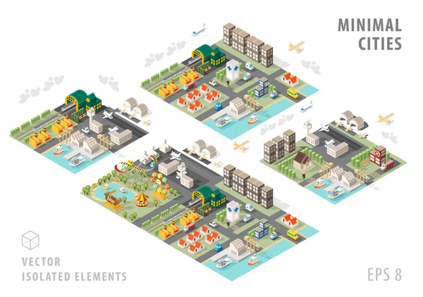 Ensemble Cartes Ville Isométriques Isolées Éléments Avec Ombres Sur Fond — Image vectorielle