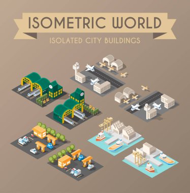 Isometric Dünyası. İzole edilmiş Minimal Şehir Elementleri. Karanlık Arkaplanda Gölgeler Olan Şehir.