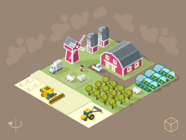 Kahverengi Arkaplanda Isometric Yüksek Kalite Şehir Elementi. Çiftlik