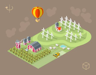 Kahverengi Arkaplanda Isometric Yüksek Kalite Şehir Elementi. Çiftlik