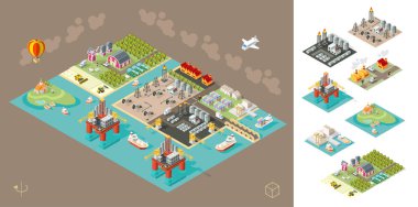 Kahverengi Arkaplanda Isometric Yüksek Kalite Şehir Elementi seti. Şehir