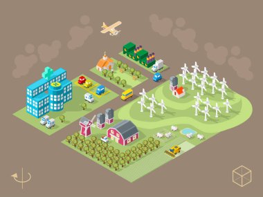 Karanlık Arkaplanda Isometric Dünyası. İzole edilmiş Minimum Şehir Elementleri