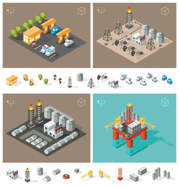 Kahverengi Arkaplanda Isometric Yüksek Kalite Şehir Elementi. İzole Petrol İstasyonu, Petrol Sanayii, Petrol Rafineri ve Petrol Platformu