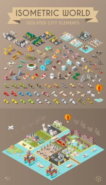 Kahverengi Arkaplanda Isometric Yüksek Kalite Şehir Elementi seti. Şehir