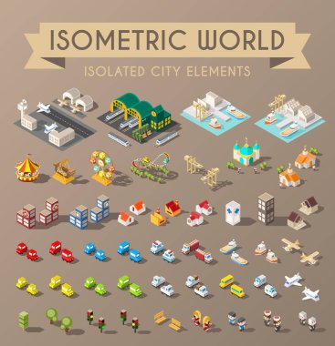 Isometric Dünyası. İzole edilmiş Minimum Şehir Elementleri