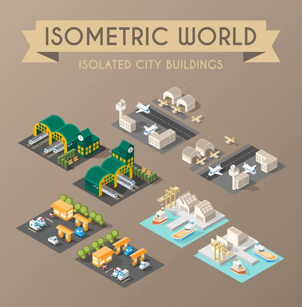 Isometrisk Värld Uppsättning Isolerade Minimala Stadsdelar Stad Med Skuggor Mörk — Stock vektor