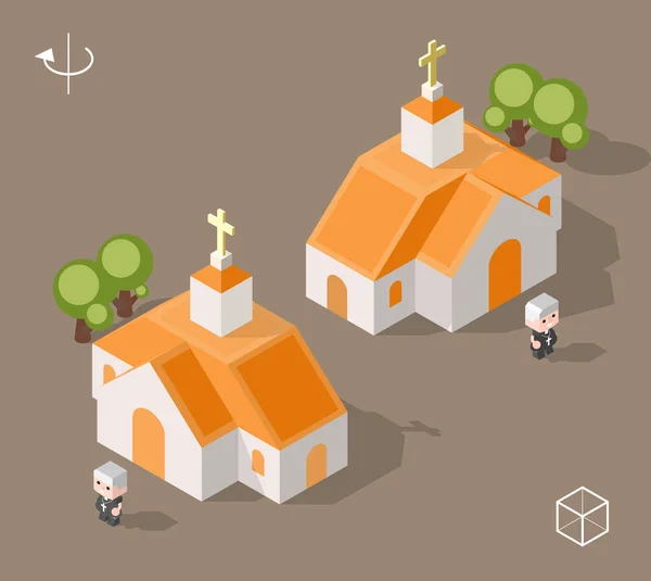 Set Elementi Isometrici Minimali Isolati Della Città Chiesa Con Ombre — Vettoriale Stock