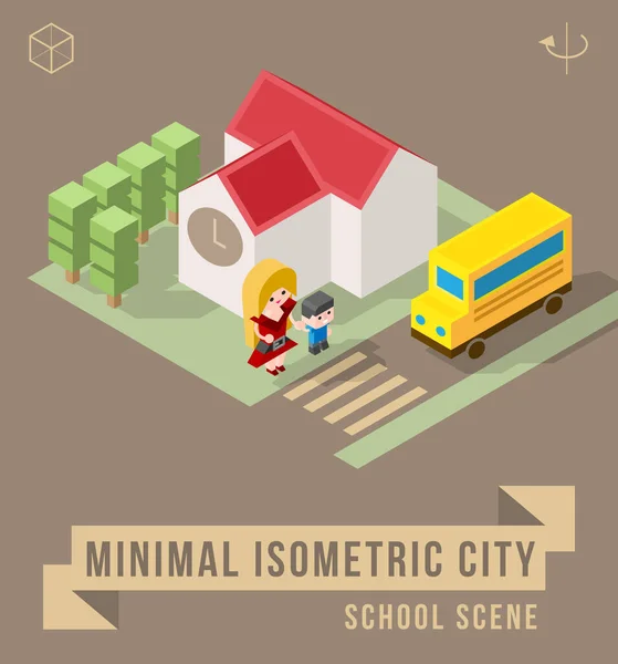 Conjunto Elementos Aislados Ciudad Mínima Isométrica Escena Escolar Con Sombras — Archivo Imágenes Vectoriales