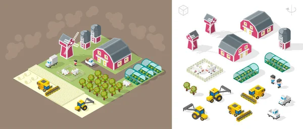 Set Isolated Isometric Minimal City Elements Farm Shadows Dark Background — Stock Vector