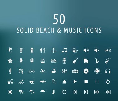 50 Universal Beach ve Music Icons seti. İzole Elementler.