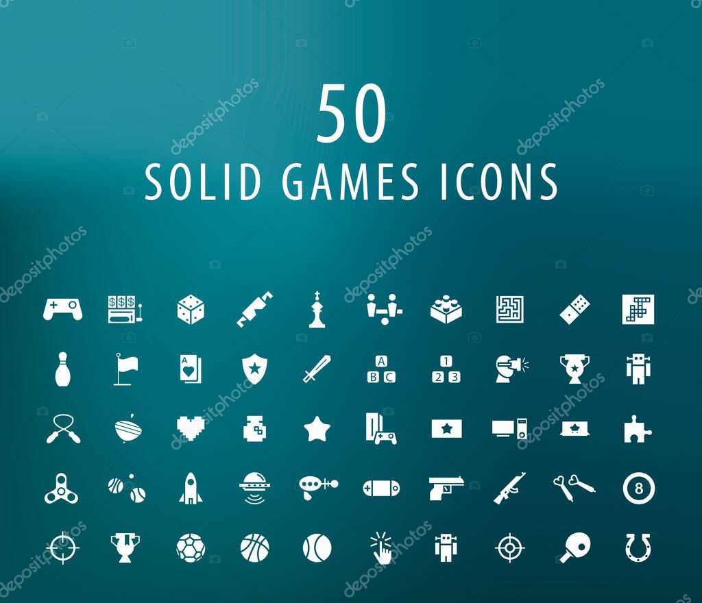 Set of 50 Universal Solid Games Icons on Dark Background . Isolated Elements