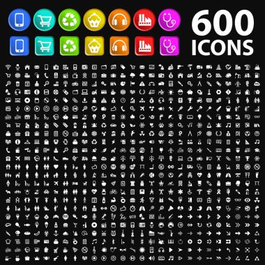 Siyah Arkaplanda Kare ve Dairesel Renkli Düğmeleri olan 600 Standart Yüksek Kalite Simgesi.