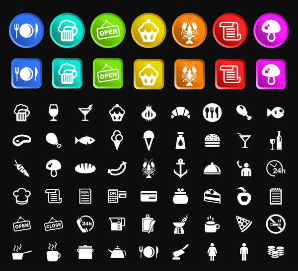 Set Standard Quality Restaurant Icons Square Circular Colored Buttons Black - Stok Vektor