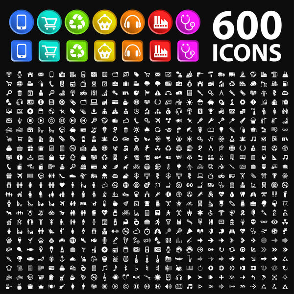 Set of 600 Standard High Quality Icons with Square and Circular Colored Buttons on Black Background.