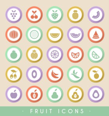 Dairesel Renkli Düğmelere 25 Meyve Simgesi. Vektör izole elementler