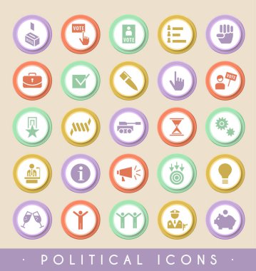 Dairesel Renkli Düğmeler Üzerine 25 Siyasi Simge. Vektör izole elementler.