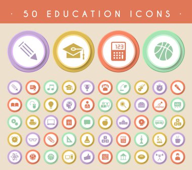 Dairesel Renk Düğmeleri Üzerine 50 İzole Evrensel Basit Vintage İnce Çizgi Eğitim Simgeleri.