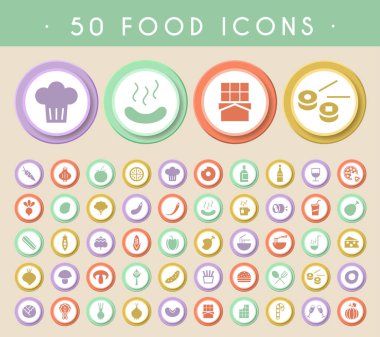 Dairesel Renkli Düğmeler Üzerine 50 Gıda Simgesi. Vektör izole elementler.